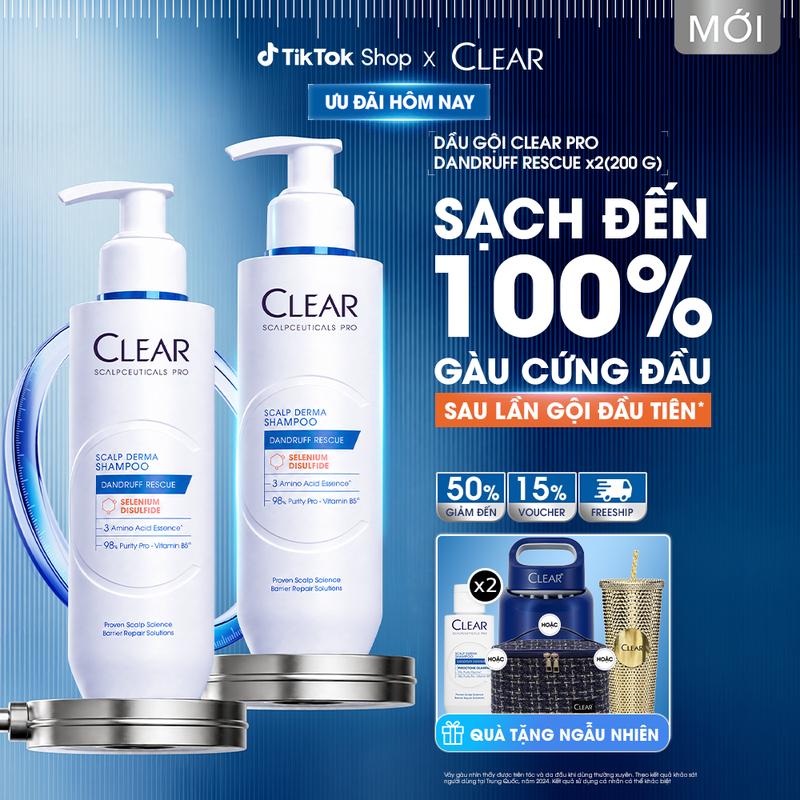 BỘ ĐÔI DẦU GỘI CHUYÊN DỤNG GIÚP NGĂN NGỪA GÀU VƯỢT TRỘI & GIẢM NHỜN NGỨA Clear Dandruff Rescue Pro 200G x2