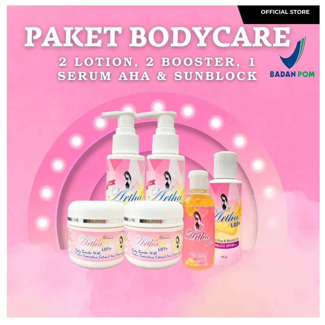 PAKET C BELI 2 FREE BODY BOOSTER & AHA BODY SERUM ARTHA LDT+ ( 2 body lotion + 2 body booster + 1 aha body serum + 1 sunblock) SPECIAL NEW FORMULA