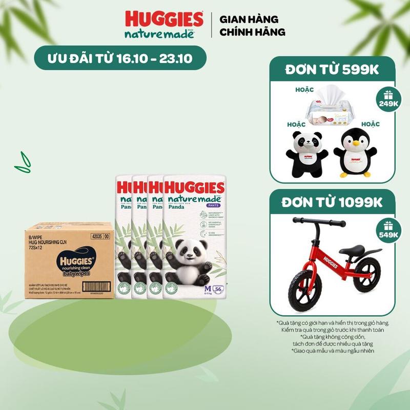 Combo 4 Tã/Bỉm quần Huggies Naturemade Panda M56/L42/XL36/XXL24 miếng + Thùng 12 gói khăn giấy ướt không mùi cho trẻ sơ sinh HUGGIES (Gói 72 tờ không mùi hoặc 80 tờ)/Thùng 16 gói Khăn ướt Huggies Golden Wet Wipes 80 miếng