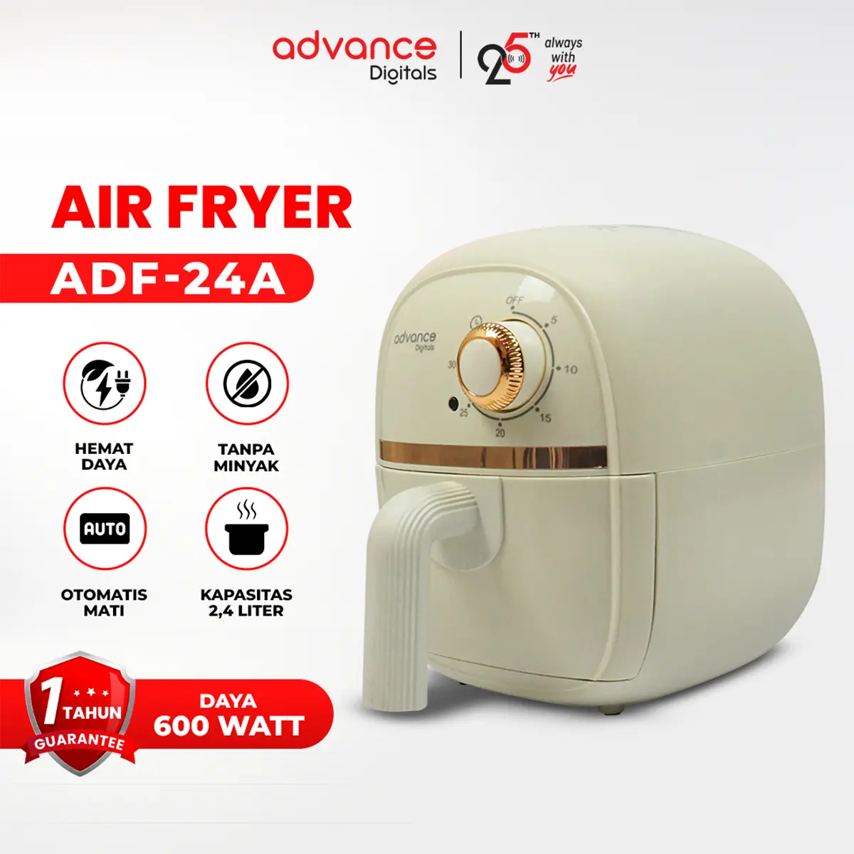 Advance Electric Air Fryer ADF-24A Mesin Penggoreng Tanpa Minyak Garansi Resmi Advance 1 Tahun Stainless Wadah