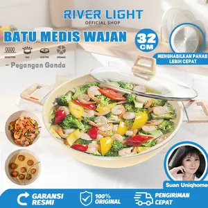 [EXCLUSIVE SUAN] RIVER LIGHT-Wajan Granite Kuping Ganda SERBAGUNA DOUBLE BOTTOM ANTI LENGKET 32CM MULTIFUNGSI dengan TUTUP KACA TRANSPARAN - KITCHENWARE
