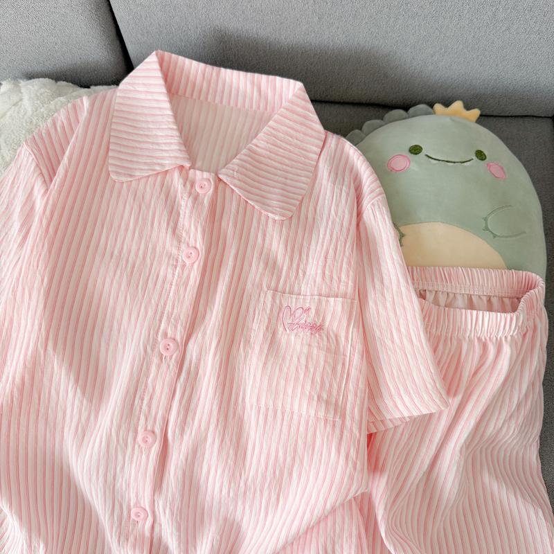 Pijama Nữ Hè Sọc Hồng, Đồ Ngủ Nơ Thêu Dễ Thương Mềm Mại Thoáng Mát