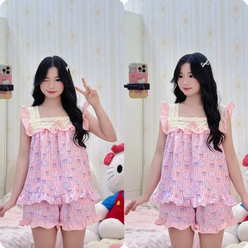 bộ pijama bộ ngủ nữ tiểu thư cổ vuông sát nách vải đũi mùa hè mặc đi ngủ mát mẻ thoải mái Women Quần Ngủ Áo Ngủ Cotton 1