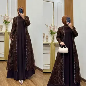 Alina Dress Gamis Mewah Wanita Kekinian 2025 Bahan Ceruty Brukat Gamis Wanita Viral Mahogany Simple Elegan Baju Kondangan ibu ibu modren Muslim Panjang