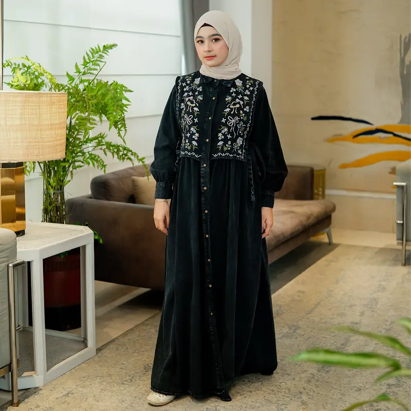 SALMA DRESS Gamis Lebaran Terbaru 2025 Bahan Jeans Premium Import Busui Friendly Bordir Muslim Panjang Wanita Motif Nyaman Maxi Fit 1