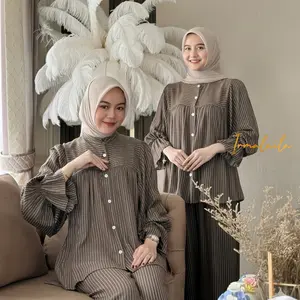 Naima One Set Blouse Kancing Tangan Karet dan  Kulot Rayon  Wanita Nyaman Cantik Kekinian Busui Friendly By Irmalaila