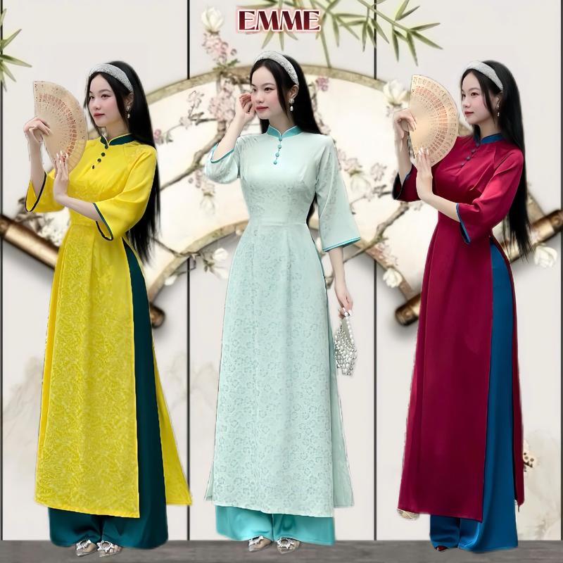 [  Kèm quần ] Áo dài nữ thiết kế EMME V2050 lụa tô châu và lụa gấm 2 da dáng ôm cổ cao phối cúc tay lửng loe truyền thống - Thanh Tự