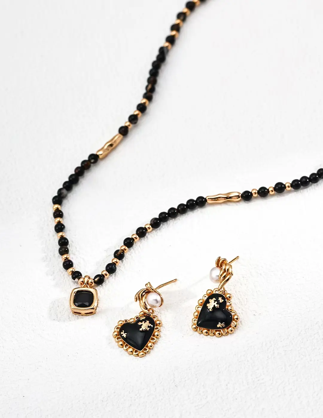925 Sterling Silver Vintage Black Agate and Natural Pearl Necklace and Earrings