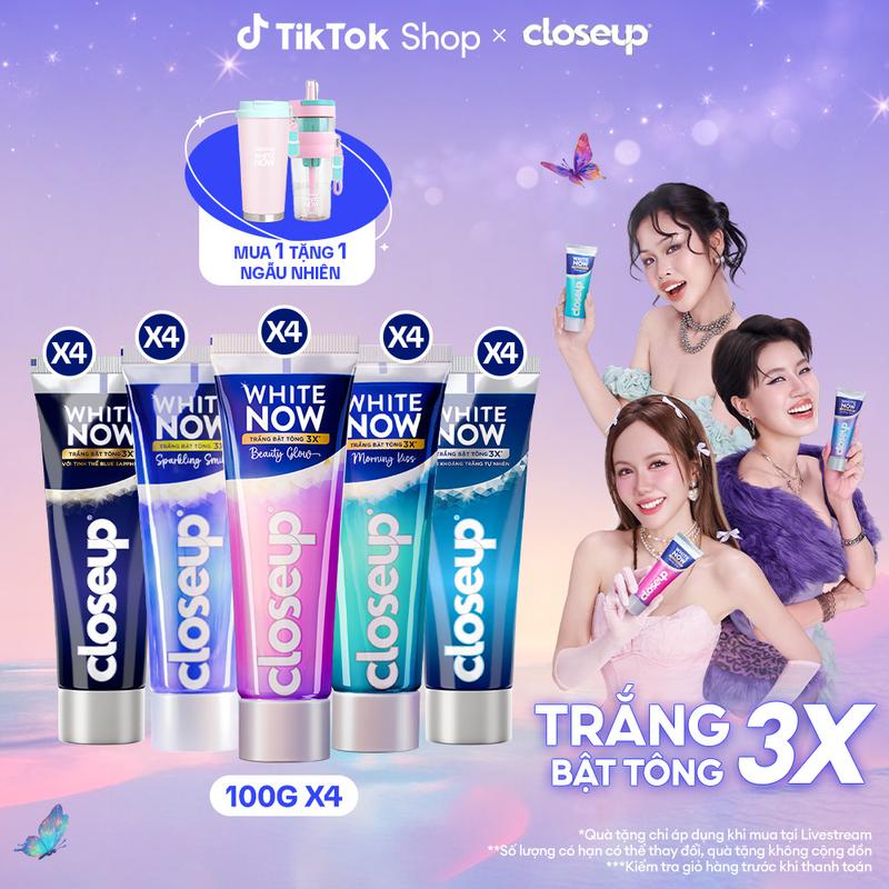 KOL Live 2 Combo 4 Kem đánh răng Closeup White Now - Trắng Bật Tông 3X TỨC THÌ với Công nghệ Ánh Sáng Xanh 100g 2