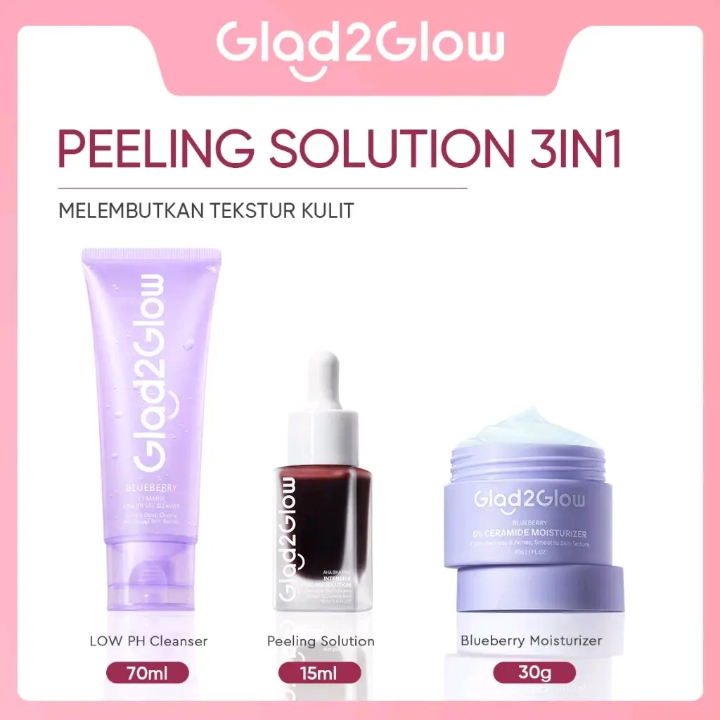 GLAD2GLOW SPESIAL BUNDLING 3IN1 PAKET SKINCARE 3 PCS SERUM PEELING SOLUTION MOISTURIZER BLUEBERRY FACE WASH BLUEBERRY buat 6 retinol set Semua Tipe Kulit BHA Skin Care Kits Sensitive Kontrol Minyak gloglowing 1 paket