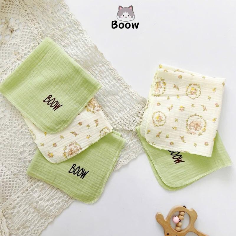 Set 5 Khăn Sữa Boow Xô Muslin 2 Lớp Họa Tiết Phối Nền Trơn Màu Size 30x30cm