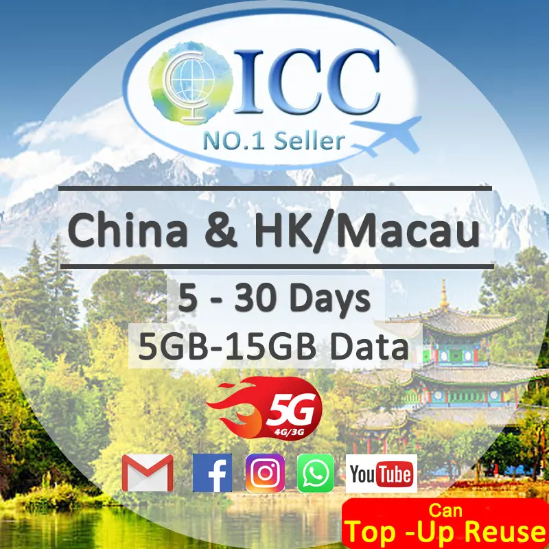 ICC SIM Card- China Mainaland/ China Mainland & HK/China Mainland & Macau 10-30 Days 10GB-15GB Data SIM Card