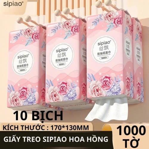 Combo 10 bịch khăn giấy treo đa năng sipiao hoa hồng, khăn rút treo tường 4 lớp mỗi bịch 1000 tờ dai mềm từ bột tre