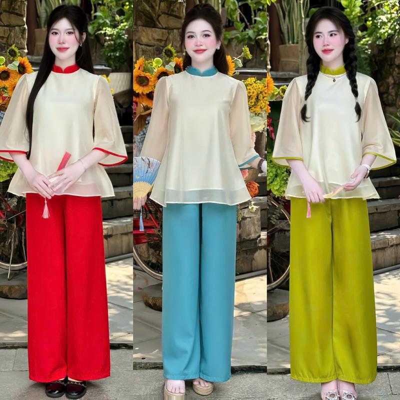 [FREESHIP] C18 SÉT Đồ Bộ Pháp Phục babydoll kèm QUẦN Chất chéo Hàn (áo 2 lớp) Đi DU XUÂN, ĐI CHÙA, ĐI CHƠI , 38KG-60KG Nữ Kem Women Top Bơ Thời Trang Miju