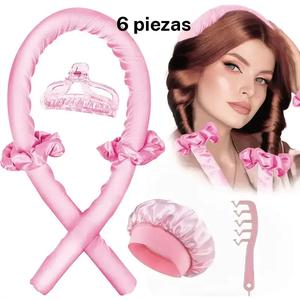 Set de 6 piezas de rizadores sin calor para mujer con gorro de dormir de satín, rizadores suaves de noche para todo tipo de cabello ().