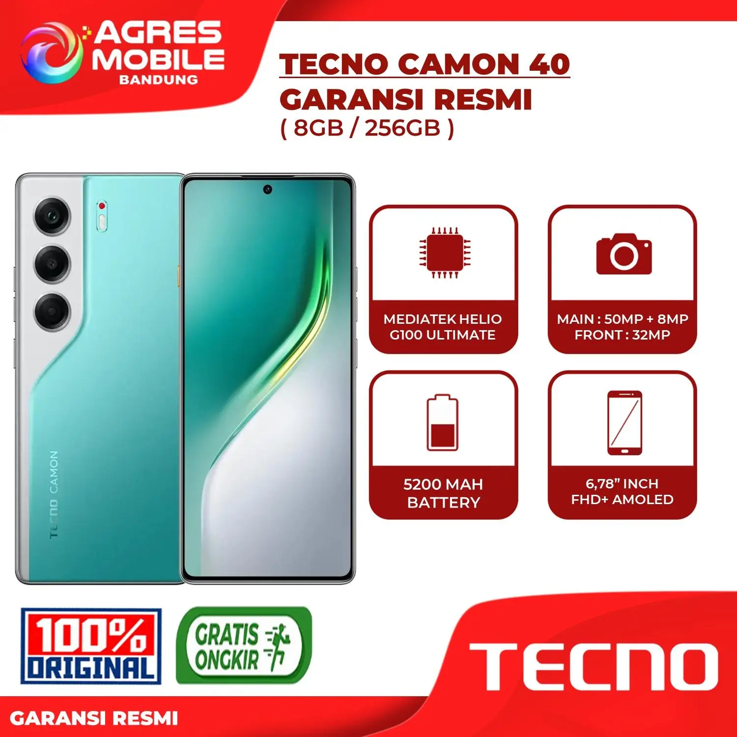 [ TIKTOK ] TECNO CAMON 40 ( 8GB/256GB ) GARANSI RESMI | UP TO 16GB EXTENDED RAM | 50MP + 8MP DUAL SELFIE KAMERA | 6.78" INCH FHD+ AMOLED 120Hz