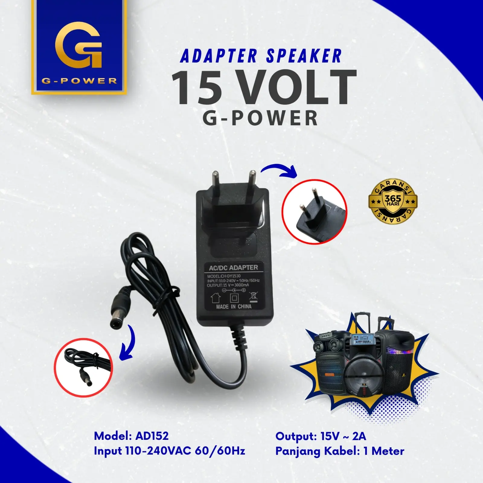 G-POWER 15V 2A Adapter Ac Dc Untuk Charger Speaker Cctv Led Strip Dvr