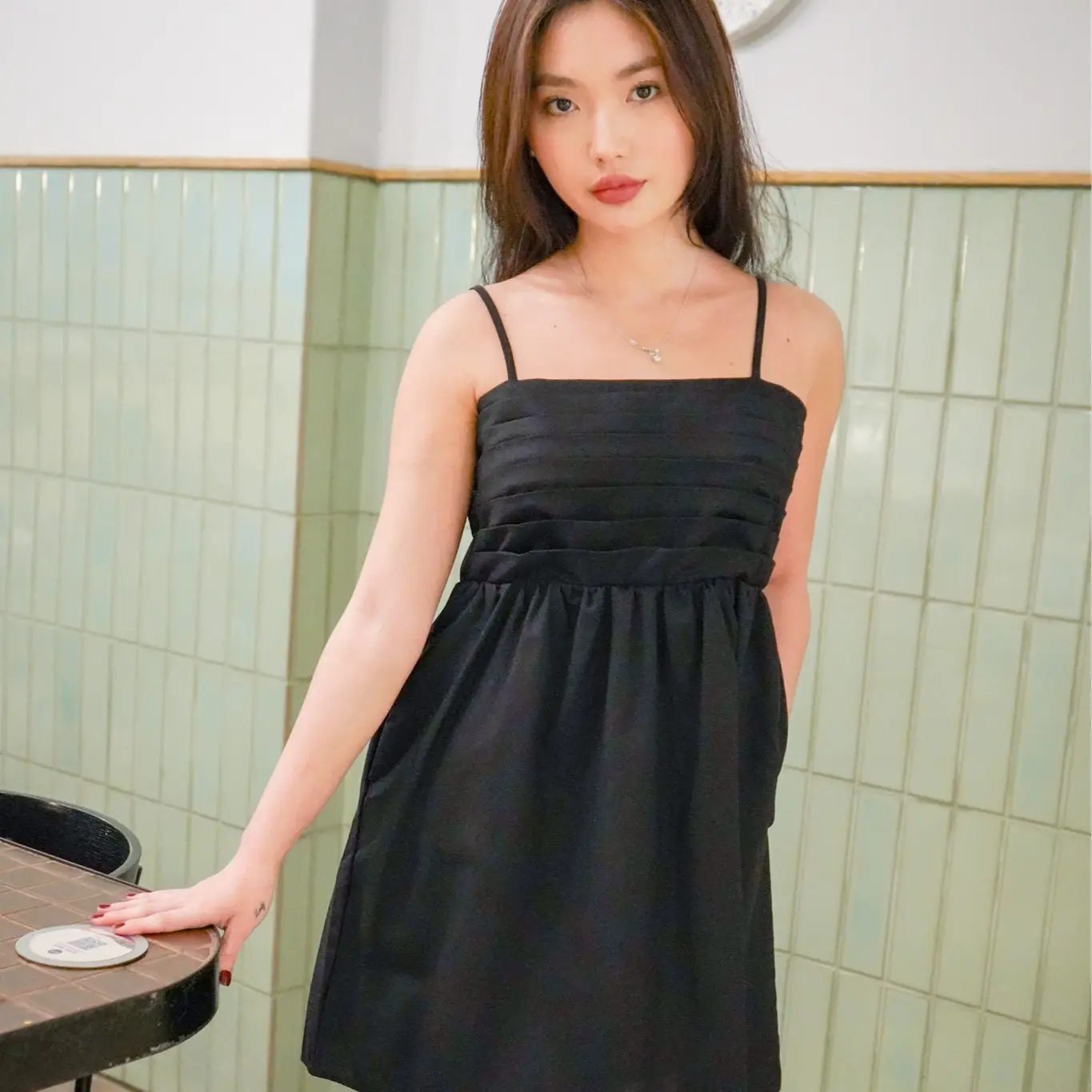 Carmen Pleated Mini Dress (Denim Blue / Baby Pink / Black)