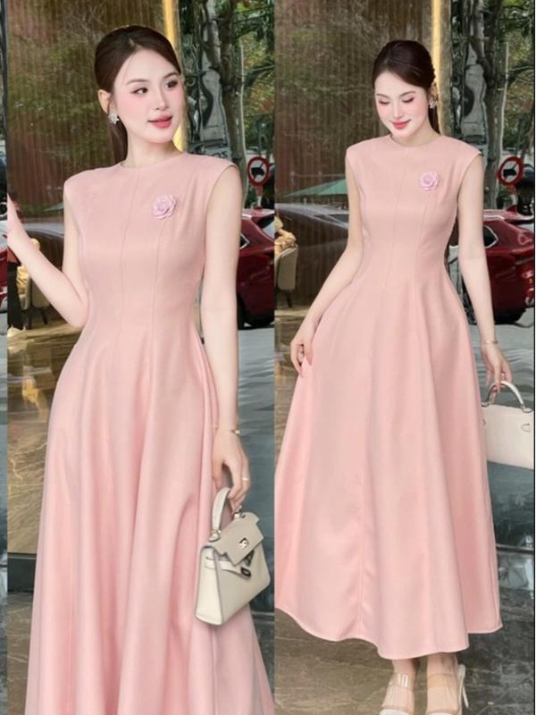 Đầm thiết kế dáng dài ,xoè dự tiệc QE có đính hoa dạ,  3 màu, 2 lớp lớp ngoài lụa xước thái, lớp trong lót habutai.