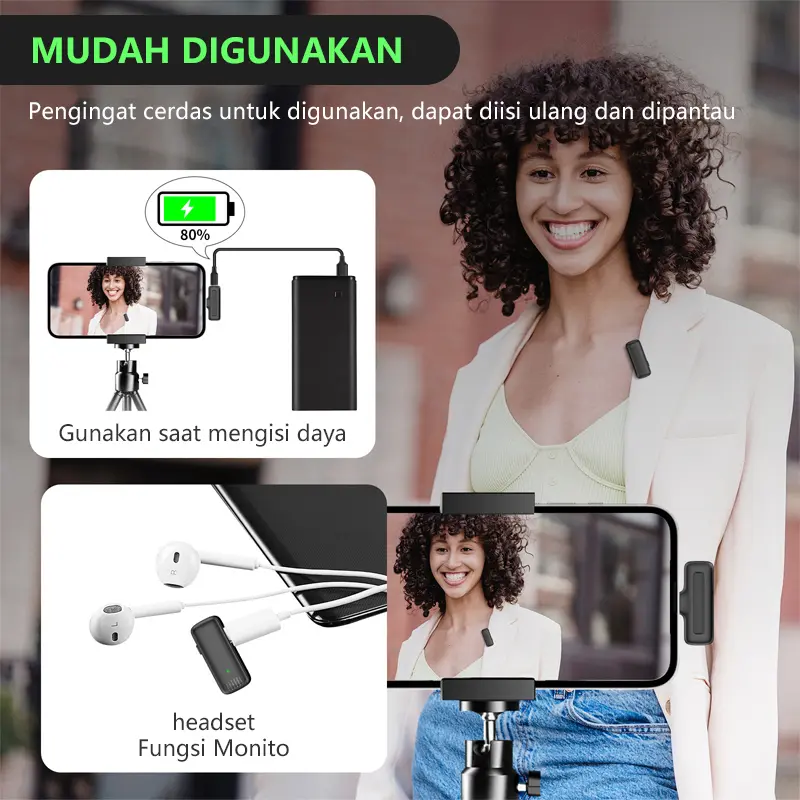 Topspot Mikrofon lavalier mini dengan casing pelindung dan pengisi daya, mikrofon nirkabel portabel plug-and-play,ponsel pintar/komputer/kamera Android, siaran langsung video pendek , mengisi daya ponsel Anda saat merekam Mic Microphone Wireless Bluetooth 5