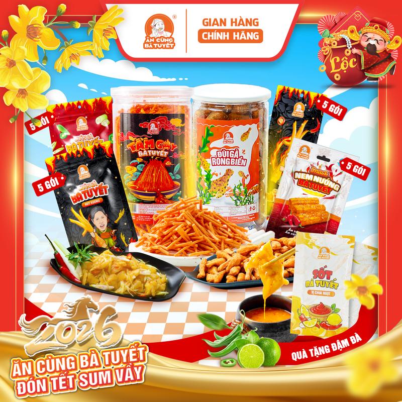   Tặng 2 gói sốt chấm  Combo MIX 6 SẢN PHẨM BÀ TUYẾT: 5 chân rút xương + 5 chân sả tắc + 5 chân có xương + 1 tăm cay + 1 đùi gà rong biển + 5 nem nướng Bà Tuyết - ĂN CÙNG BÀ TUYẾT M12 