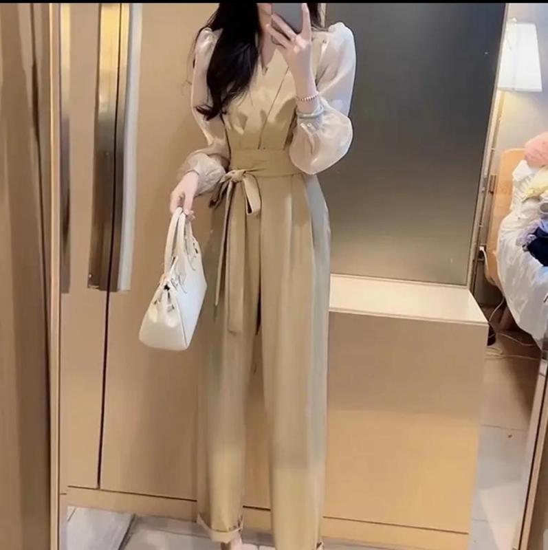 New Commuter Slim Fit Network Red Same Style Fashion Jumpsuit Women's Solid Color Mesh Bubble Sleeve Lace Up Slim On 0
