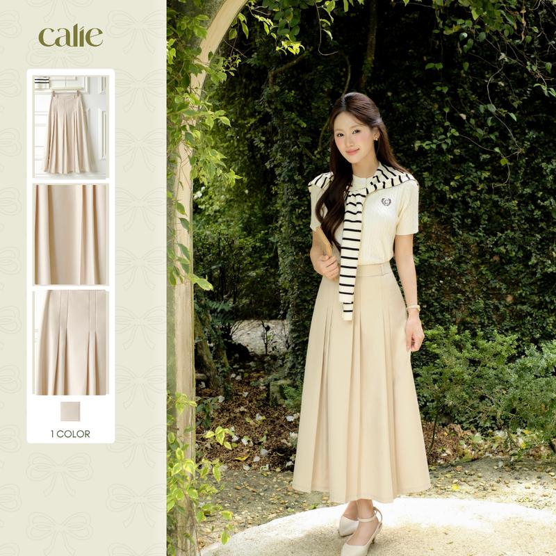   Desk to Date   Tách lẻ  Áo dệt kim cổ tròn thêu ngực kèm khăn. Chân váy chữ A xòe xếp ly kép dạng dài chất liệu cao cấp thời trang thanh lịch Calie AF177 CX091 