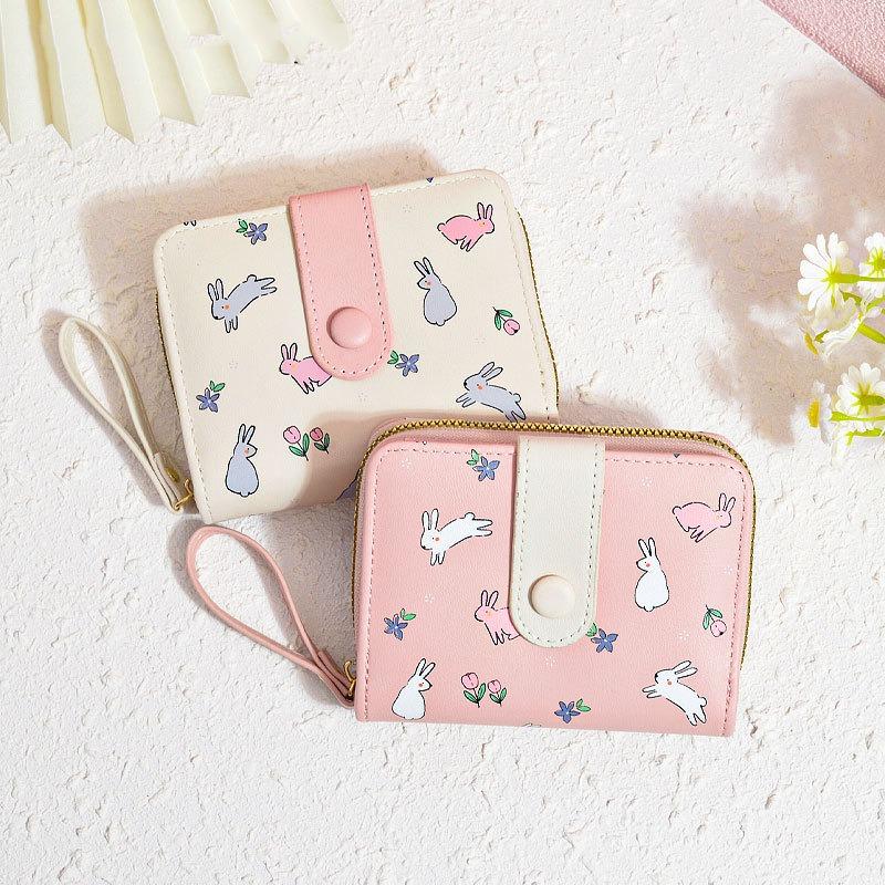 Ví Nữ Ngắn,Thiết Kế Hình Thỏ Dễ Thương, Thích Cho Học Sinh, Có Khóa Kéo, Ví Đựng Tiền Xu Wallet Hình Chữ Nhật Wallet Hình Chữ Nhật Kem Nhung Tim Da Hoa