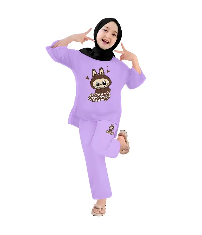 Baju Anak Perempuan - Setelan Kaos dan Celana Panjang Anak Cewek Fashion Pakaian Belah Usia 4-13 Tahun - Motif EXCITING LABUBU Hitam 3
