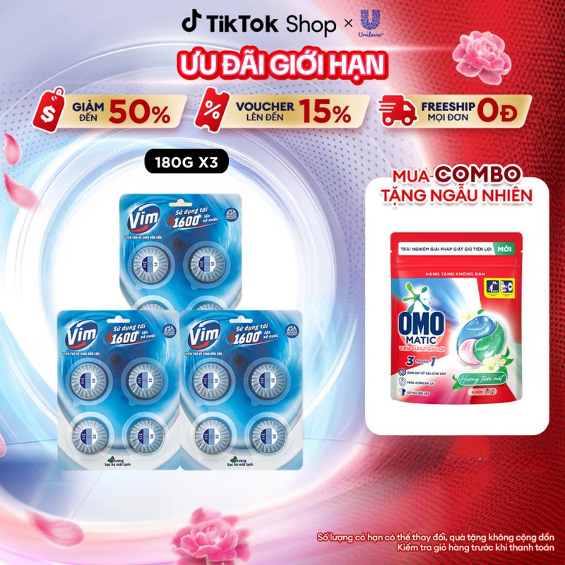 COMBO 3 VỈ Viên Thả Vệ Sinh Bồn Cầu Vim| Sạch Khuẩn, Sáng Bóng đến 1600 Lần Xả (3x180g/vỉ) [1]