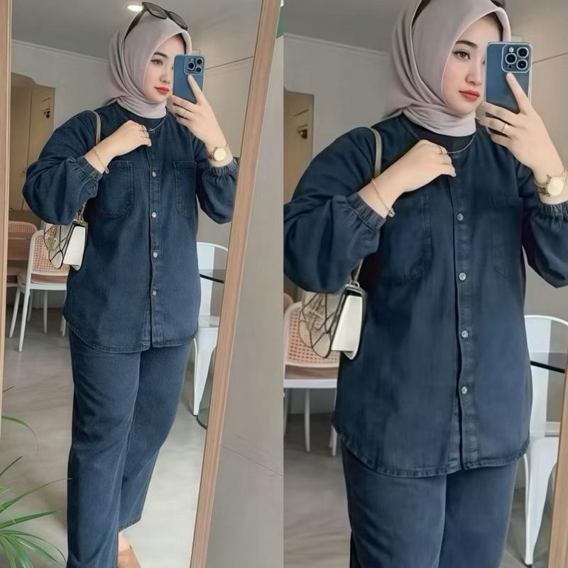 RAYNA ONESET Jeans Blackwash Atasan dan Celana Terbaru 2025 Jumbo Kekinian / Setelan Wanita