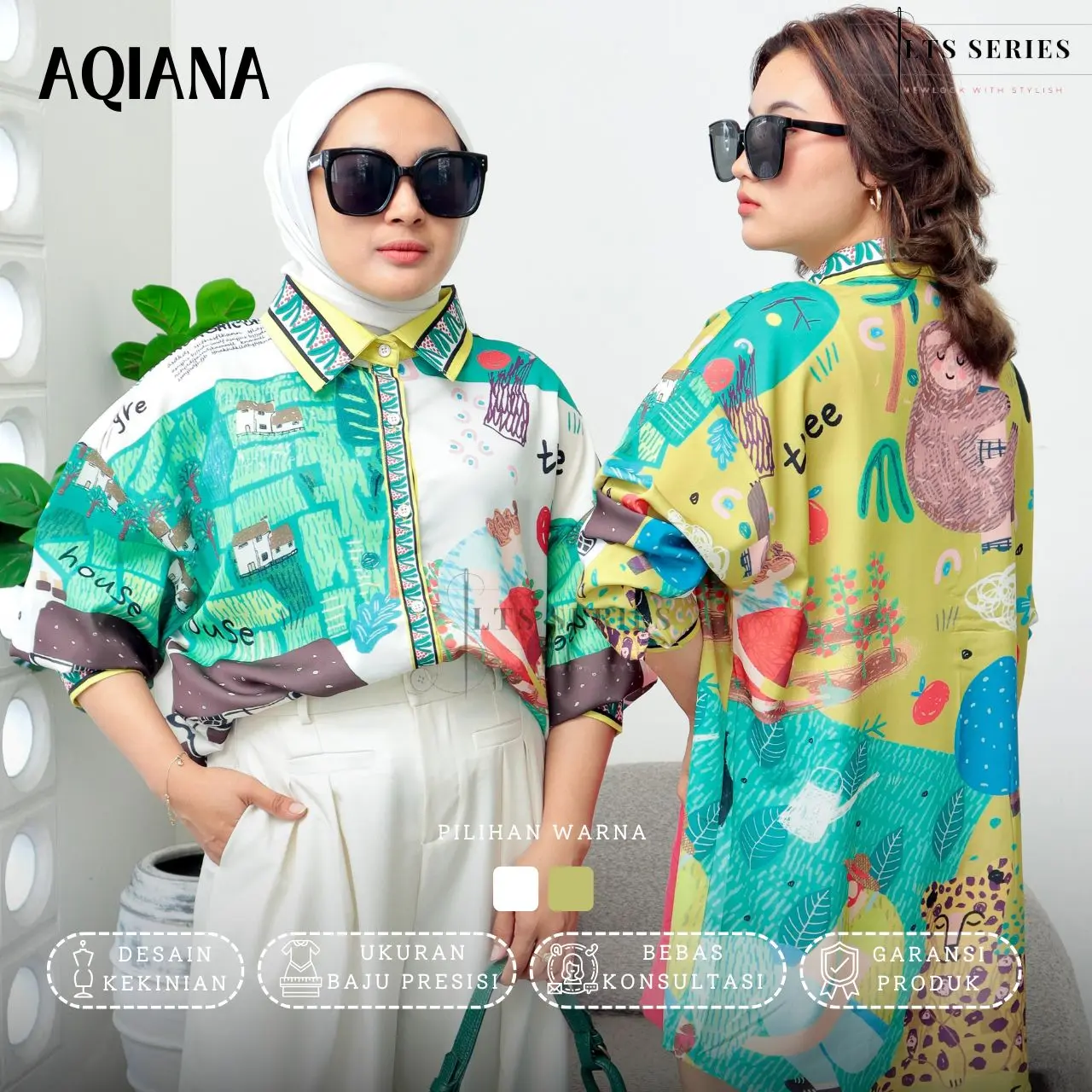 Kemeja Wanita Silk Aqiana Oversize - Baju Panjang Motif  Casual Atasan