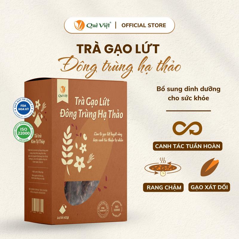 Trà gạo lứt Đông trùng hạ thảo Quê Việt - Hộp 600g 450g 150g Tea Chè Nước Trà