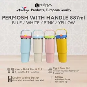 [Koko Panci PO 30 HARI] Pero Colorful Flip Straw Tumbler Permos 30oz 887 ML with Handle / Botol Minum Tumbler Vakum Anti Panas dan Dingin 887ML