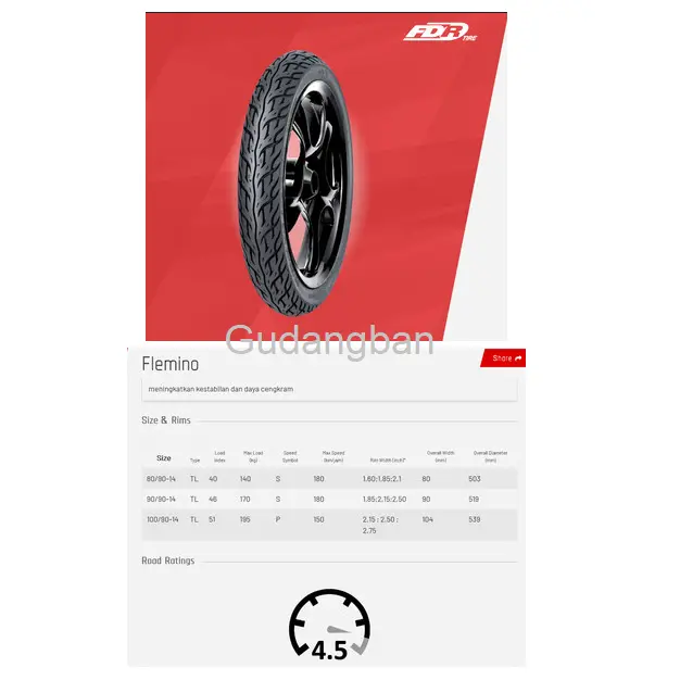 FDR  80 90 14 / 90 90 14 / 100 90 14 FLEMINO  atau  FLEMMO 80 90 14 / 90 90 14 Ban luar motor Matic Tubeless Varian 3