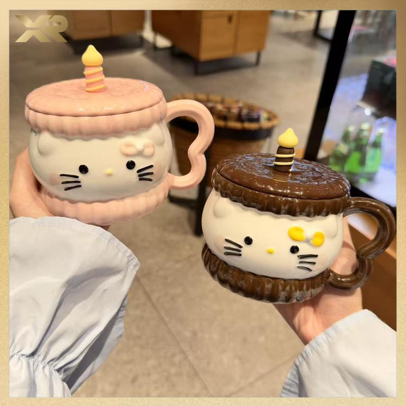Ly cốc sứ hello kitty hình bánh 400ml có nắp kèm muỗng và hộp làm quà tặng sinh nhật dễ thương - KTM