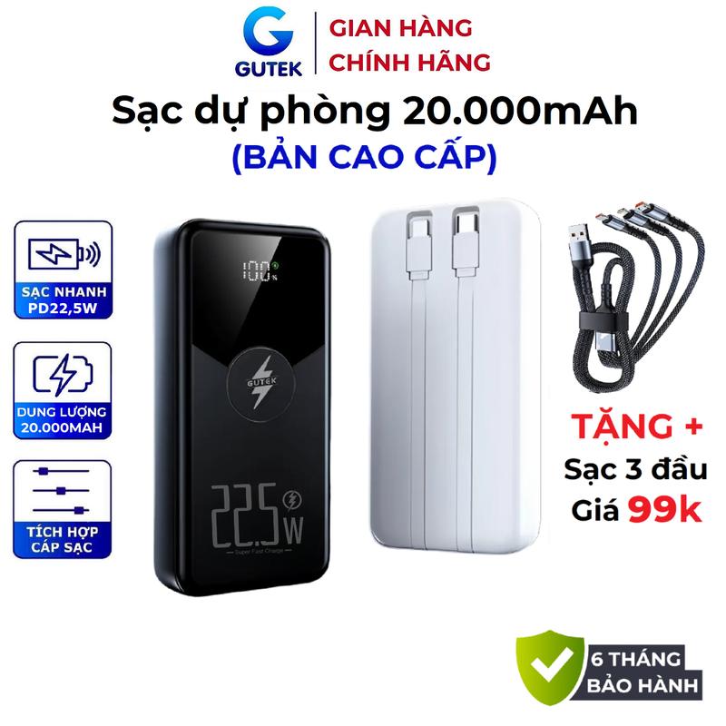 [Tặng sạc 3 đầu] Pin sạc dự phòng 20000mAh sạc nhanh 22,5W tích hợp dây cáp - Gutek GT229