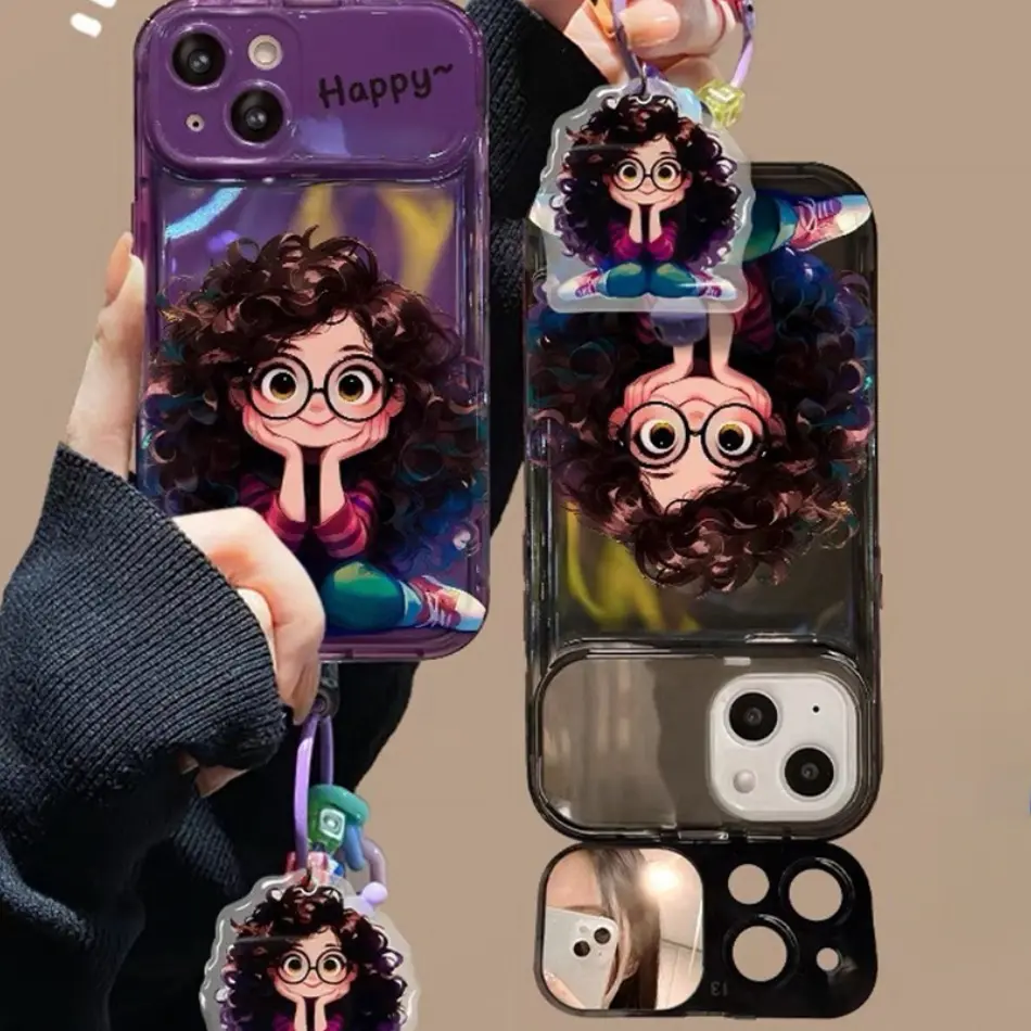 Cute Flip Mirror Chain Phone Case for IPhone 15 13 14 12 11 Pro Max Plus X XR 11Pro XS MAX 8Plus 7Plus Case Soft Silicone Strap Camera Protector Cartoon Curly Girl Pendant Cover