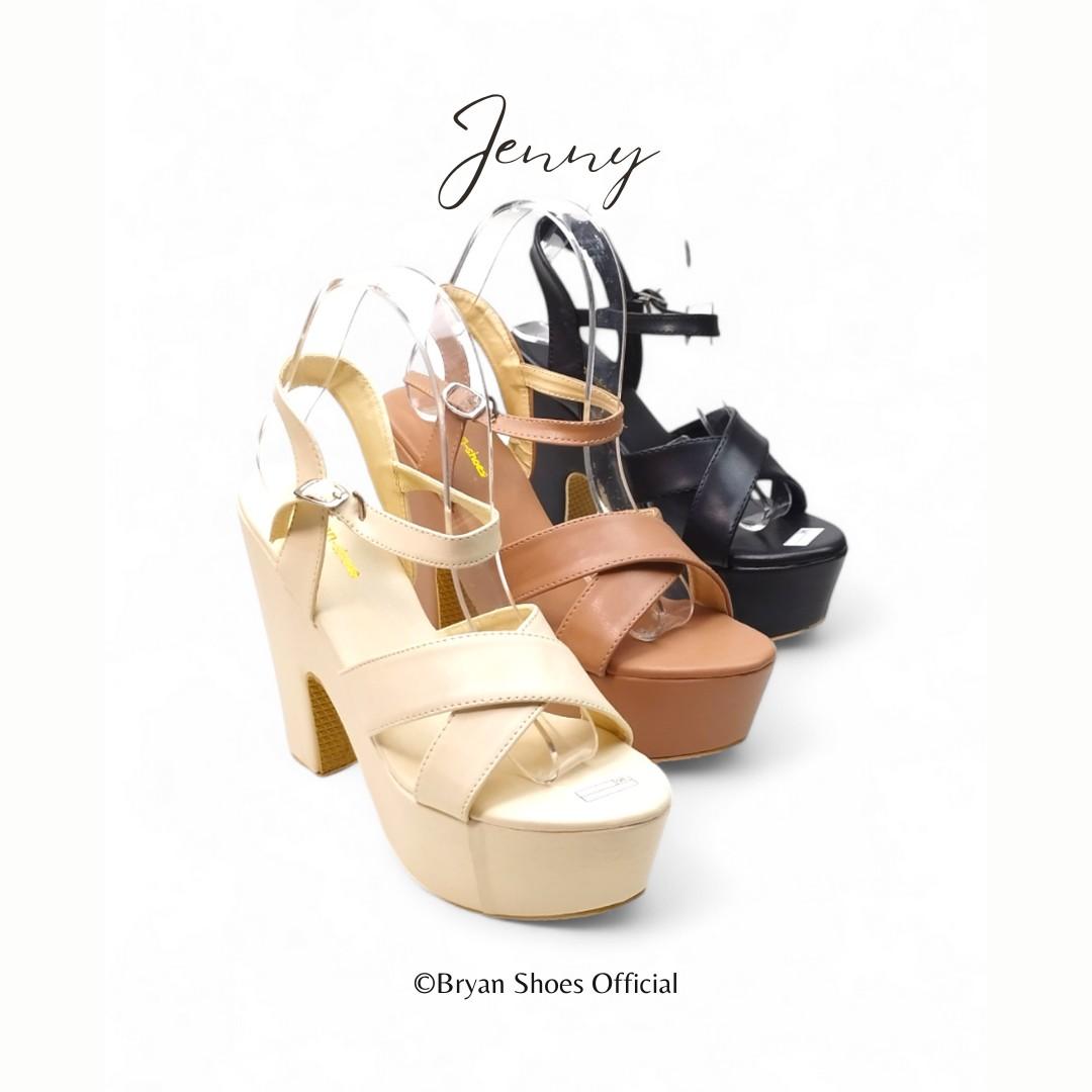 Bryan Jenny Platform Sandal High Heels Wanita tali 12cm Silang Hak tinggi tahu Shoes Hitam Putih sepatu cewek retro chunky Black hils Sendal Perempuan buat wisuda graduation wedges antiselip moca ootd pesta gemes cewe Antislip Fashion Show Catwalk Wedding