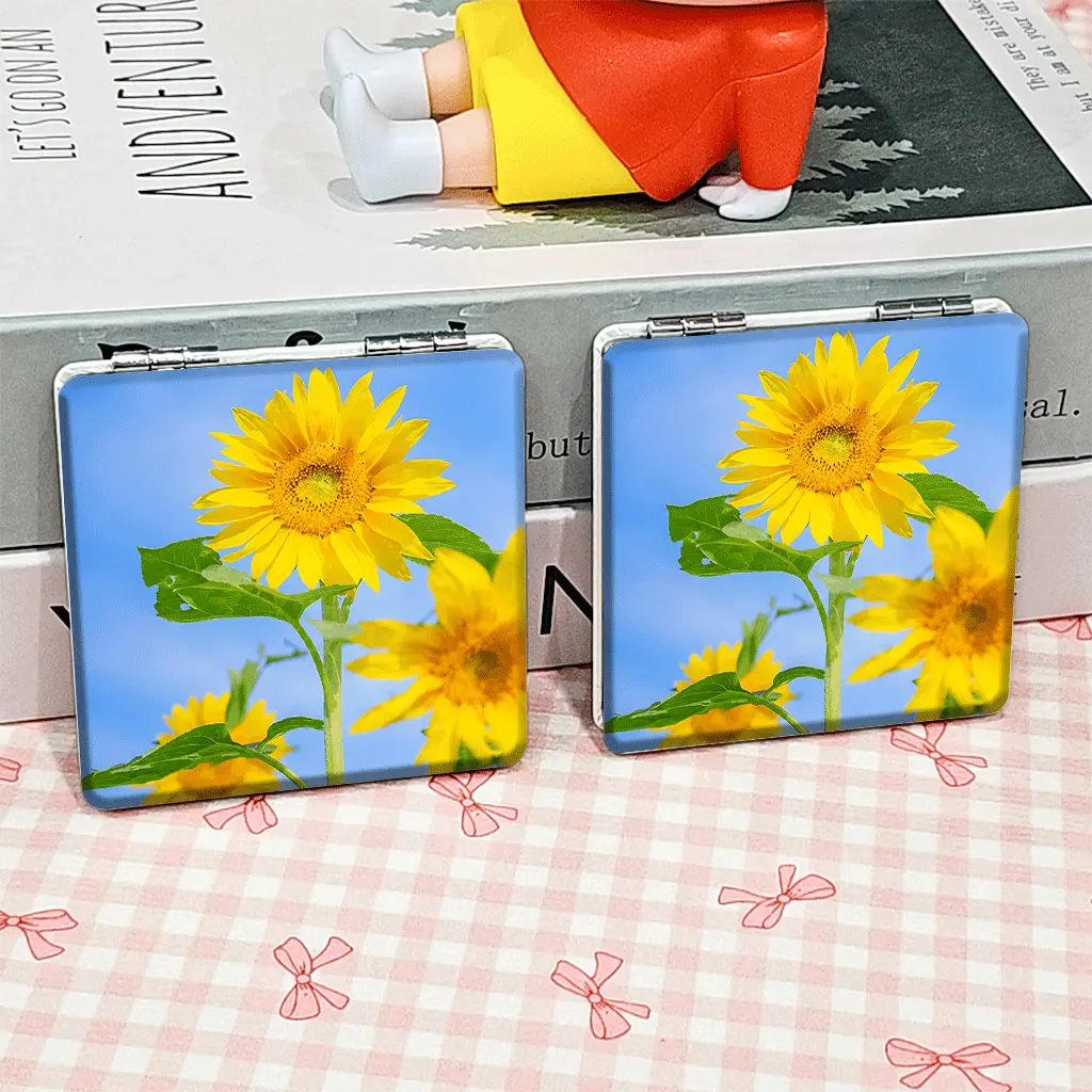 Portable Foldable Makeup Mirror, sunflowerblue skygreen leaves Pattern, Mini Hand Cosmetic Mirror, Student Pocket Mirror, Trendy Compact Mirror, Cute, Double Sided Mirror, Non-Slip Handheld