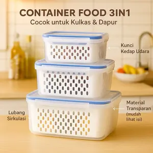 1 Set 3 Pcs Food Container Kotak Penyimpanan Makanan Buah dan Sayur Kulkas / Keranjang Saringan Pengering Sayur Container Kulkas / Tempat Sayuran Kulkas Multifungsi 3in1