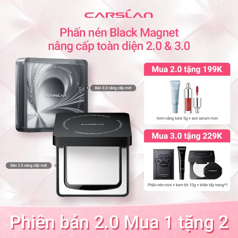 Phấn nén Black Magnet phiên bản mới 2.0 & 3.0 Carslan, Bám nền lâu, Kháng nước tốt 8g,[Mua 1 Tặng 2] Son dưỡng mini 1g*1 Kem nâng tông mini 5g