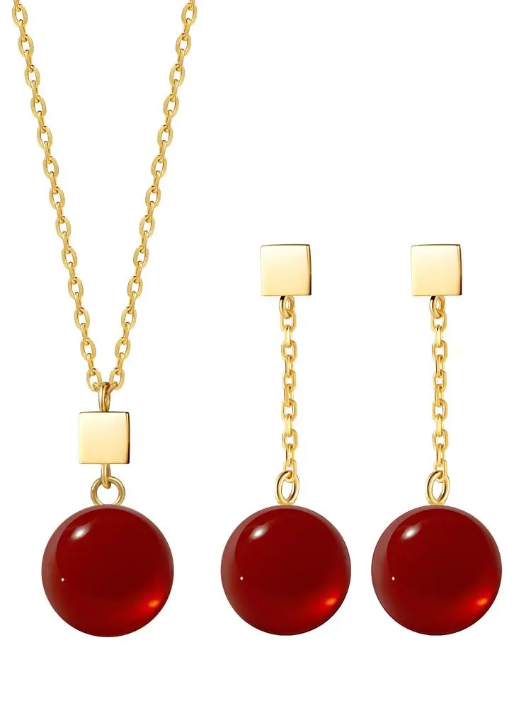 Circle Red Confetti Single Chalcedony Necklace And Earrings Set For Women Daily Party