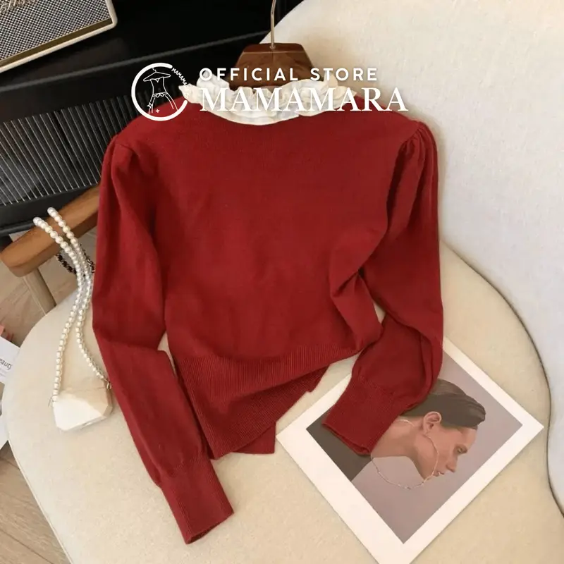 MAMAMARA - Atasan Rajut Blouse Wanita Leher Pita Syal Round Neck Simple 5