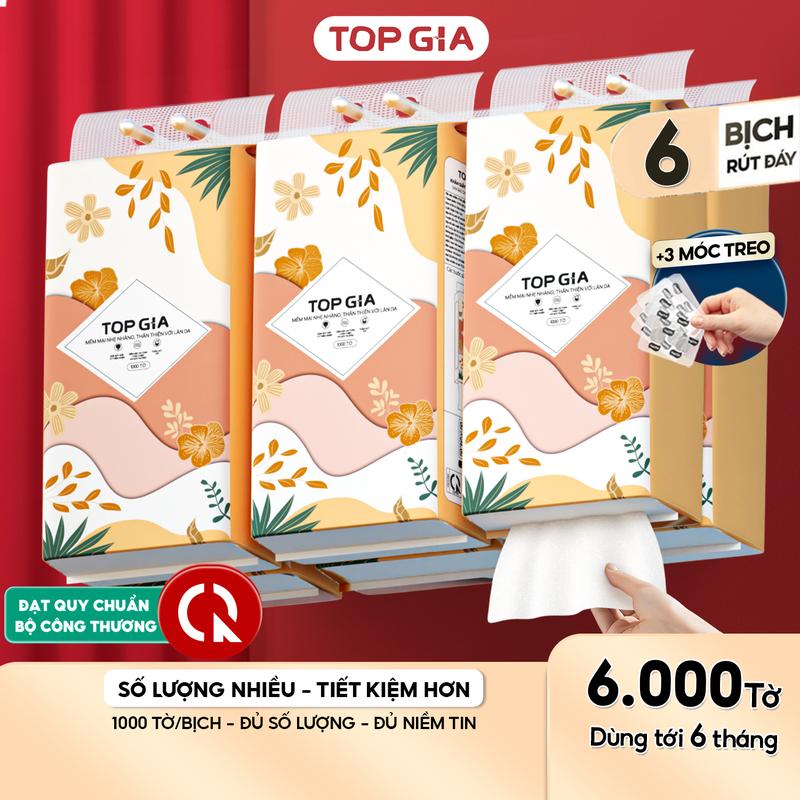 [DEAL COMBO 99K] Thùng 6 Bịch Khăn Giấy Tiểu Hạ TOP GIA 4 Lớp Mềm Mịn, Thành Phần Bột Gỗ Tự Nhiên Thân Thiện, Khăn Giấy Vệ Sinh 1000 tờ, 4 lớp Tặng 3 móc treo tiện ích Giấy Vệ Sinh giấy rút đa năng treo tường TG86
