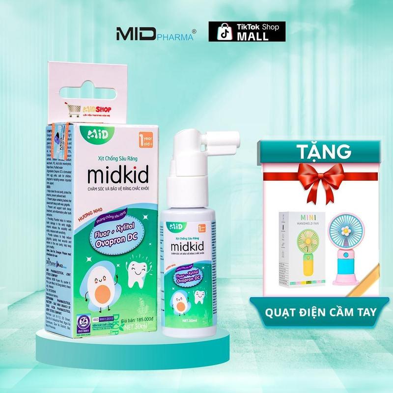 ( Midkid x Thanhtranofficial ) - Xịt chống sâu răng Midkid vị nho 30ml, vị táo 20ml cho bé từ 1 tuổi - Tặng Quạt điện mini cầm tay
