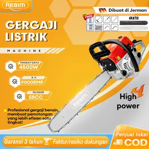 REAIM Mesin Potong Kayu 58CC 20Inch Chainsaw Mesin Gergaji Kayu Bensin Portabel Kuat Tahan Lama Untuk Potong Kayu Besar Proyek Konstruksi Perkebunan dan Bengkel Kayu Garansi 5 Tahun Harga Terbaik Kualitas Terjamin