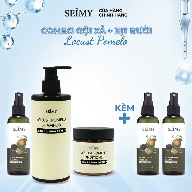 Combo Dầu Gội Xả Bồ Kết Hữu Cơ Và Tinh Dầu Bưởi SEIMY - Locust Pomelo Shampoo 300ml Và Pomelo Hair Essence 100ml