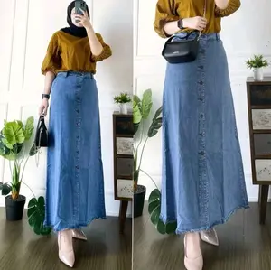 ROK JEANS INARA BUTTON FULL KANCING // ROK JEANS PANJANG WANITA. Hitam Rawis Karet Stretch Samping Denim
