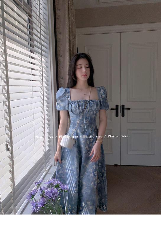 Product Introduction of phụ nữ ăn mặcĐầm Voan Pháp, In Hoa Mùa Hè, Cạp Cao Xẻ Tà, Hàng Mới Về Cho Nữ, Bó Sát Eo, Cổ Vuông, Tay bồng Hoa, Đầm Midi Dress Women 12